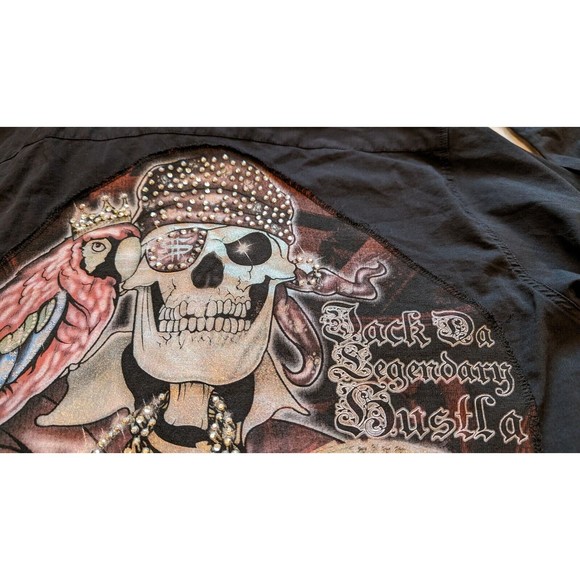 H&M Mens Large Shirt Black GATS.B Jack Sparrow Skeleton Hustla Blinged Back Hit! - Picture 6 of 8